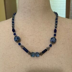 Blue Floral Bead Necklace with Lapis Lazuli and Glass Beads